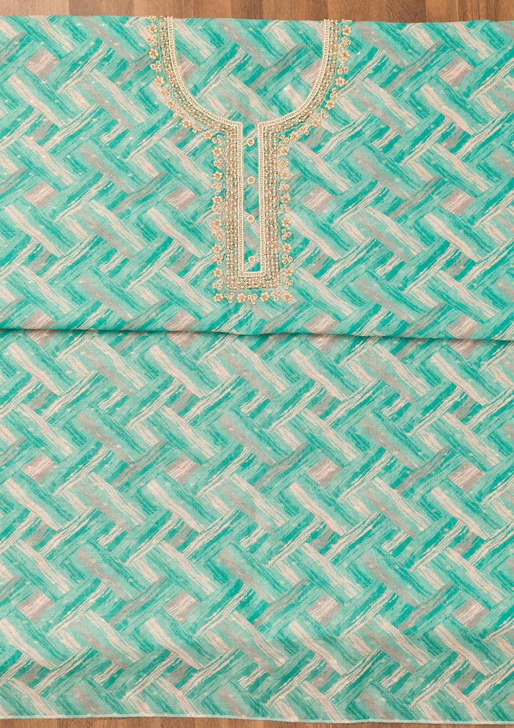 Blue Chanderi Abstract Geometric Pearlwork Unstitched Dress Material With Matching Bottom And Dupatta