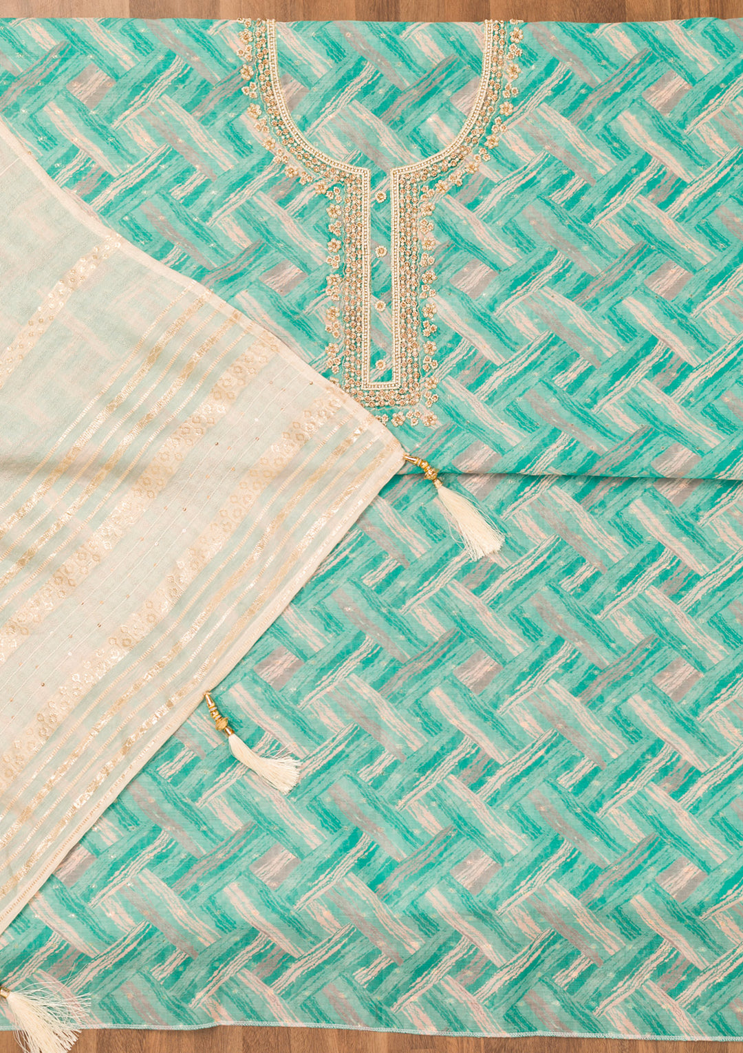 Blue Chanderi Abstract Geometric Pearlwork Unstitched Dress Material With Matching Bottom And Dupatta