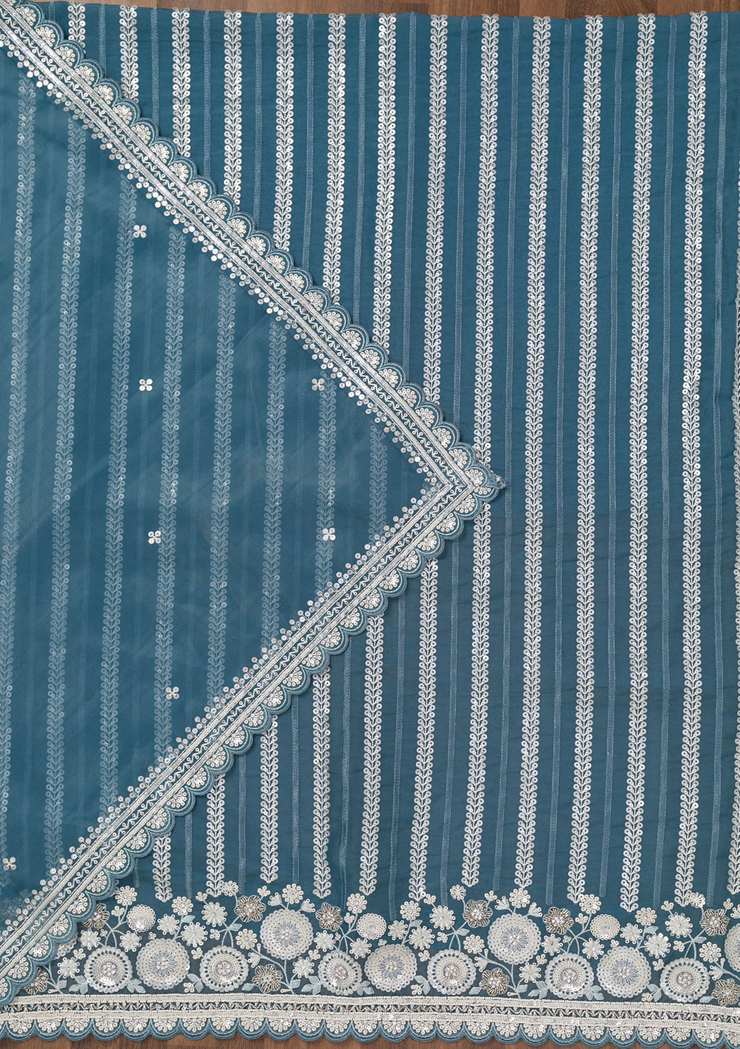 Blue Crepe Sequins Unstitched Dress Material With Matching Bottom And Dupatta