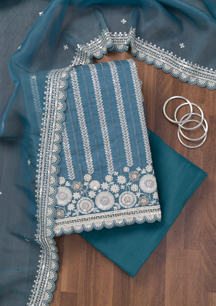 Blue Crepe Sequins Unstitched Dress Material With Matching Bottom And Dupatta