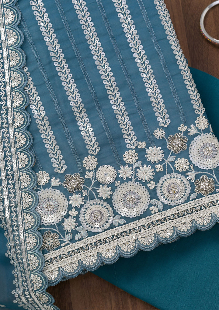Blue Crepe Sequins Unstitched Dress Material With Matching Bottom And Dupatta