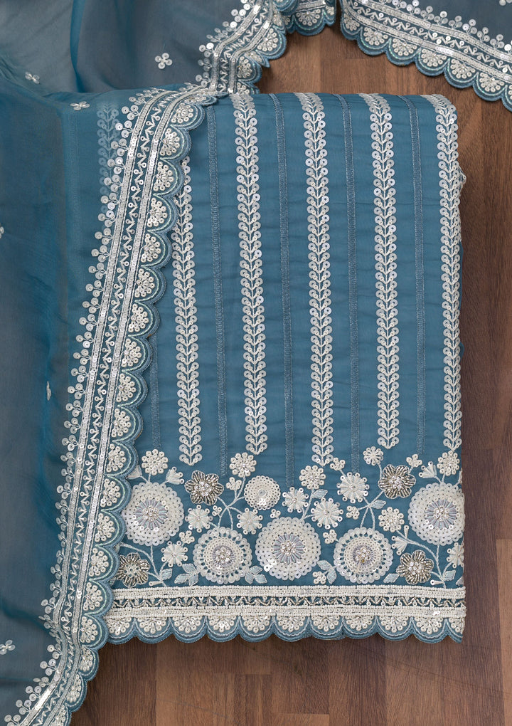 Blue Crepe Sequins Unstitched Dress Material With Matching Bottom And Dupatta