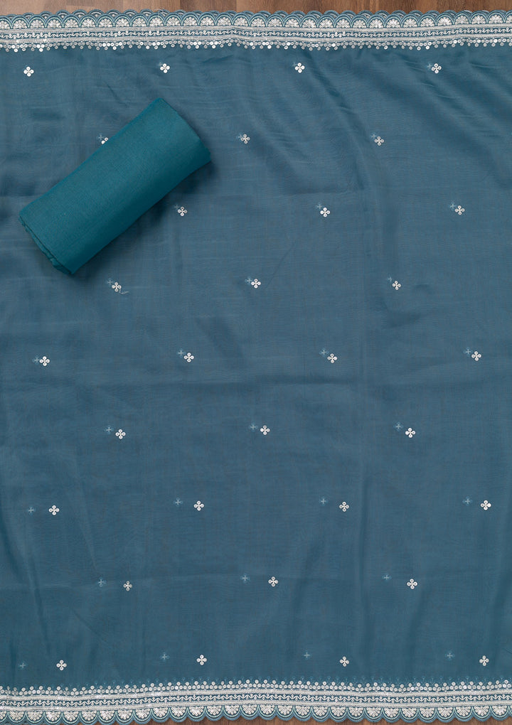 Blue Crepe Sequins Unstitched Dress Material With Matching Bottom And Dupatta