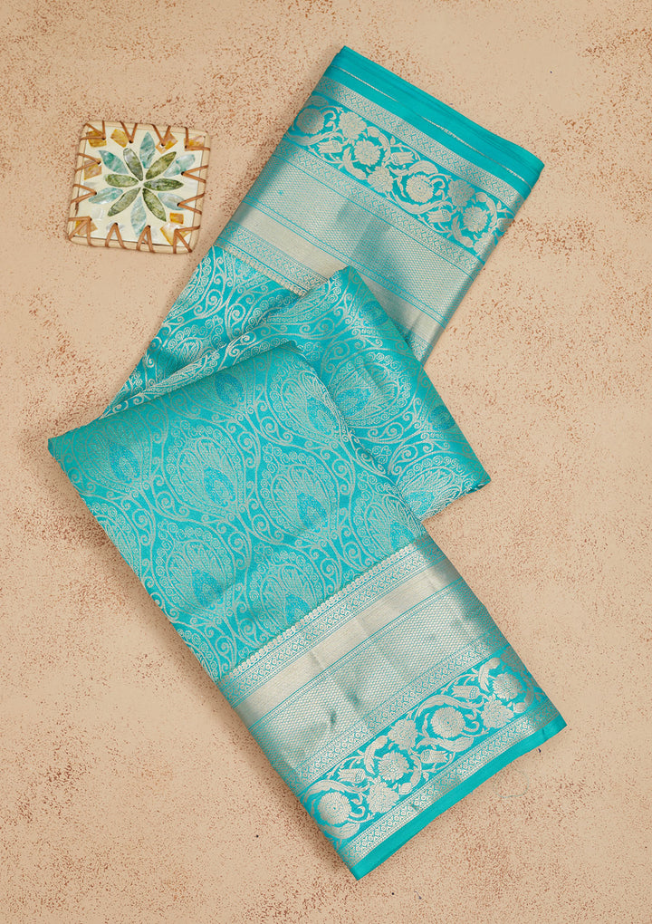 Blue Pure Silk Jaal Gold Zariwork Saree With Matching Blouse Piece