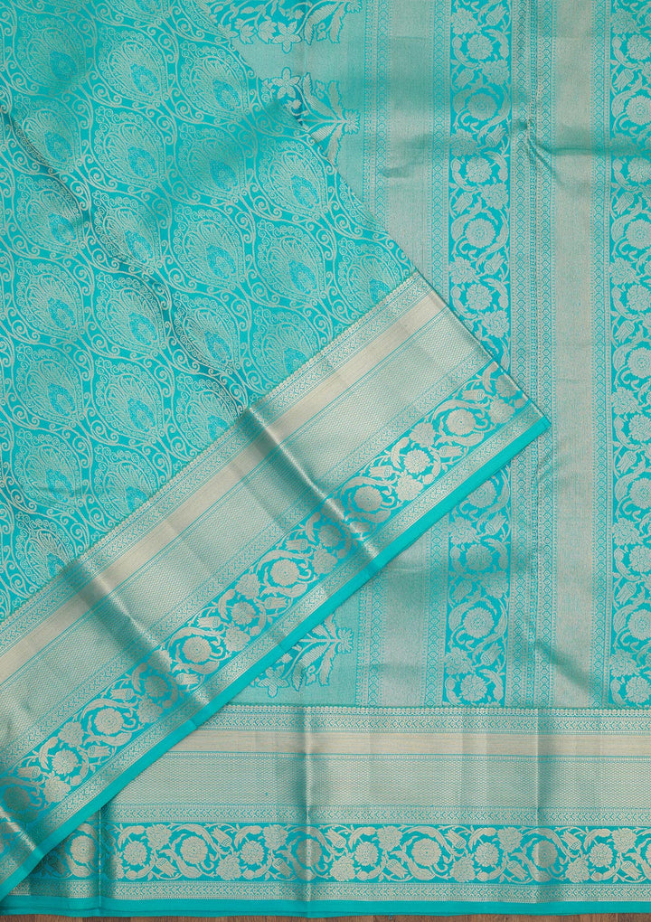 Blue Pure Silk Jaal Gold Zariwork Saree With Matching Blouse Piece