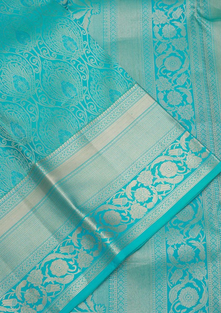 Blue Pure Silk Jaal Gold Zariwork Saree With Matching Blouse Piece