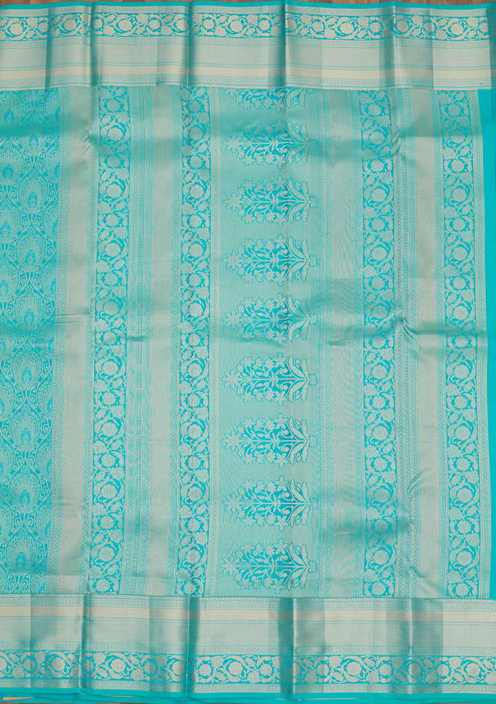 Blue Pure Silk Jaal Gold Zariwork Saree With Matching Blouse Piece