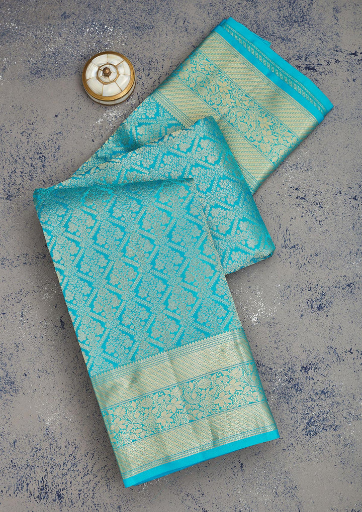 Blue Pure Silk Jaal Zariwork Saree With Matching Blouse Piece