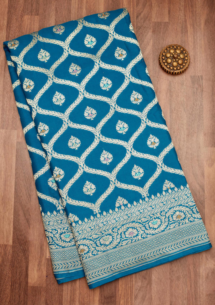 Blue Crepe Jaal Gold Zariwork Saree With Matching Blouse Piece