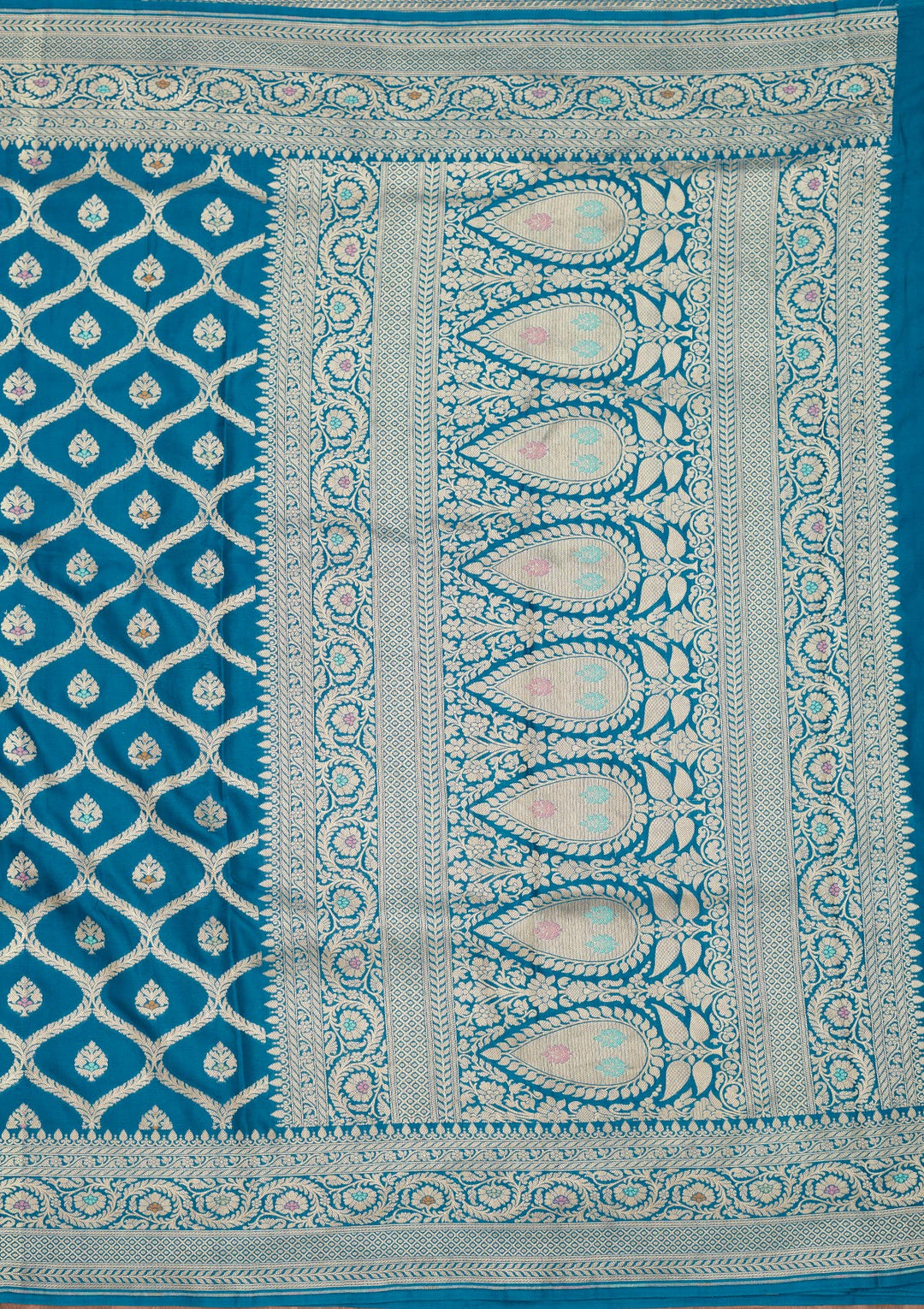 Blue Crepe Jaal Gold Zariwork Saree With Matching Blouse Piece