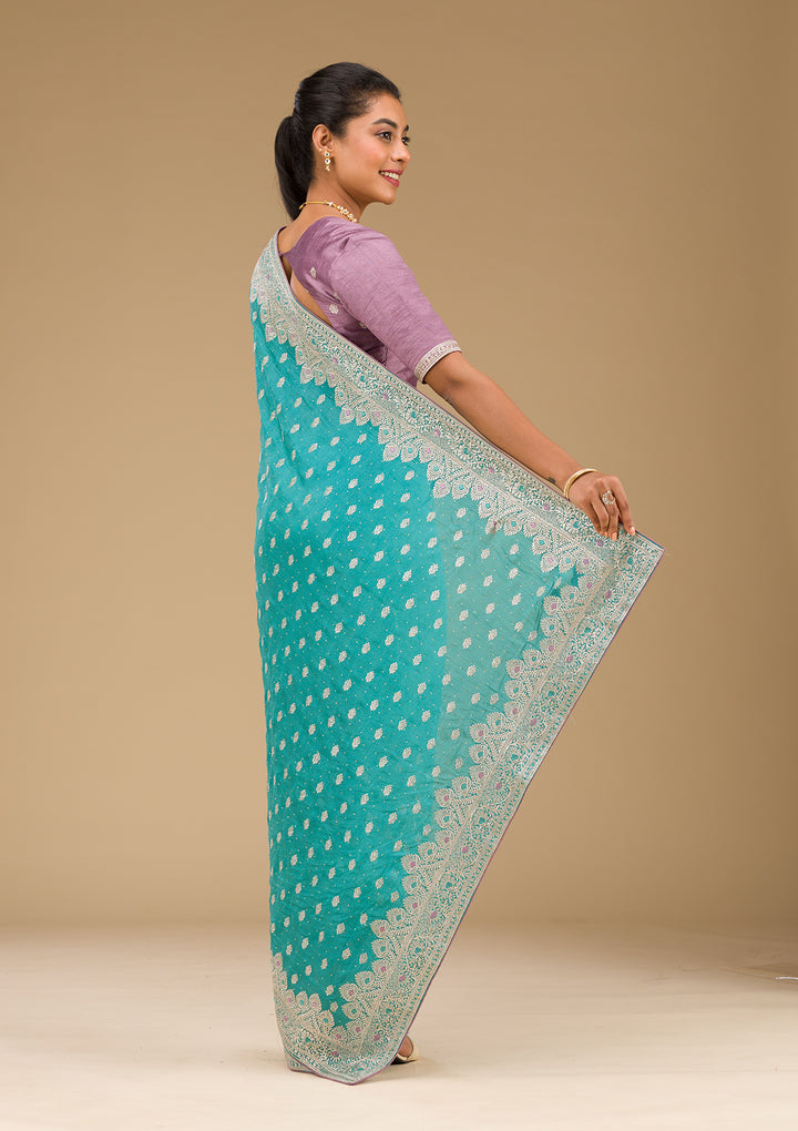 Blue Silk Silver Zariwork Saree With Matching Blouse Piece