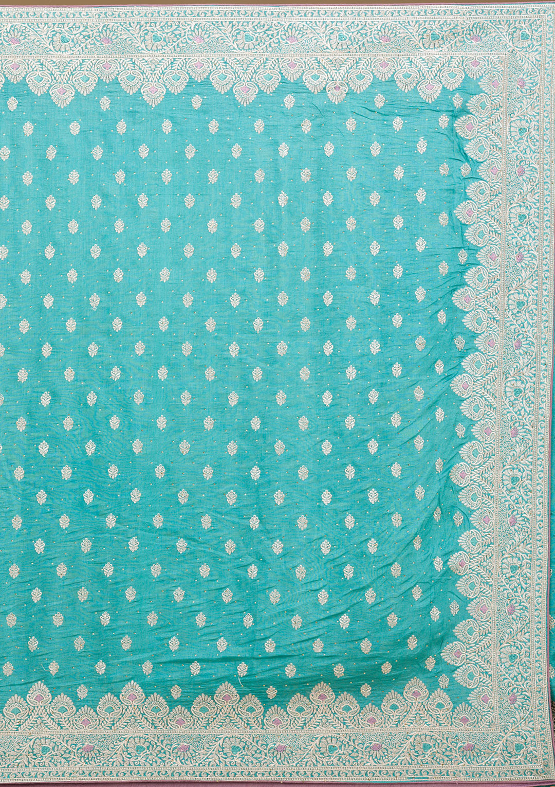 Blue Silk Silver Zariwork Saree With Matching Blouse Piece