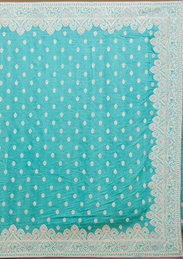 Blue Silk Silver Zariwork Saree With Matching Blouse Piece