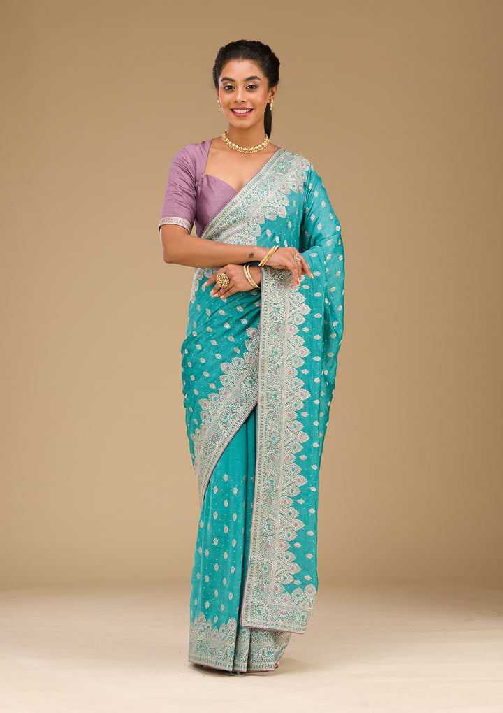 Blue Silk Silver Zariwork Saree With Matching Blouse Piece