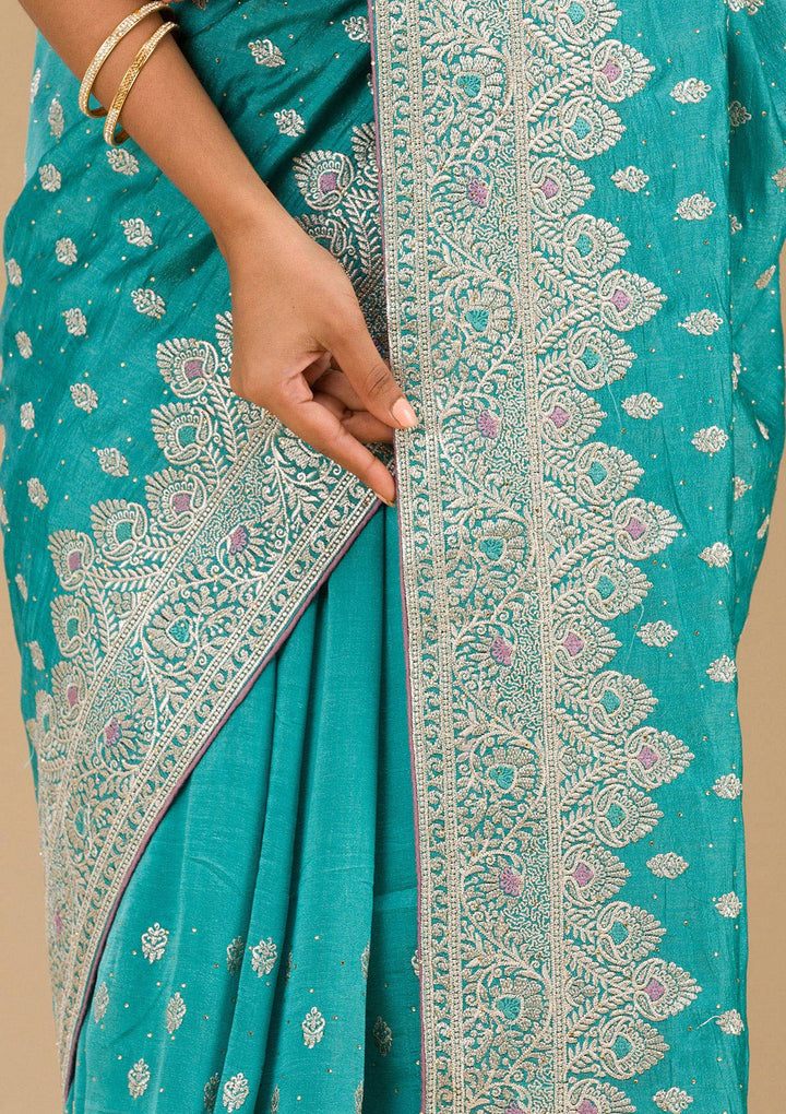 Blue Silk Silver Zariwork Saree With Matching Blouse Piece