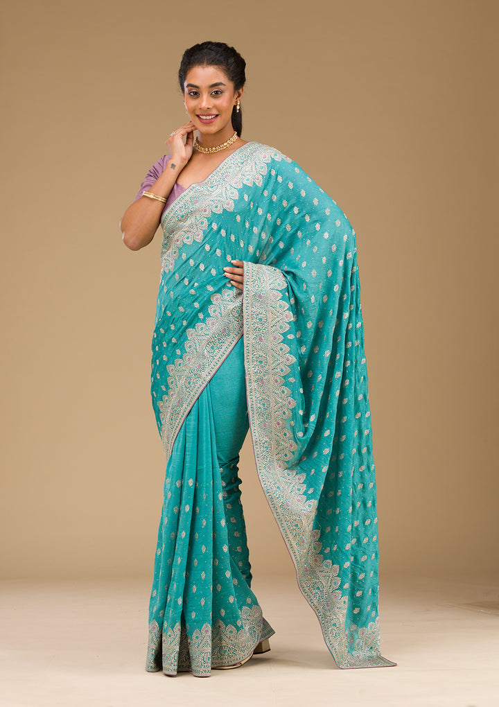 Blue Silk Silver Zariwork Saree With Matching Blouse Piece
