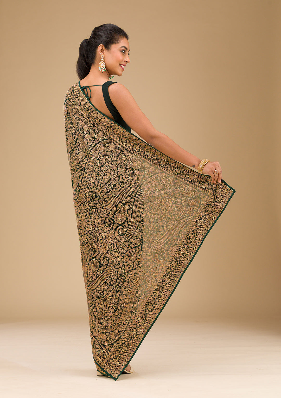 Bottle Green Zariwork Georgette Saree