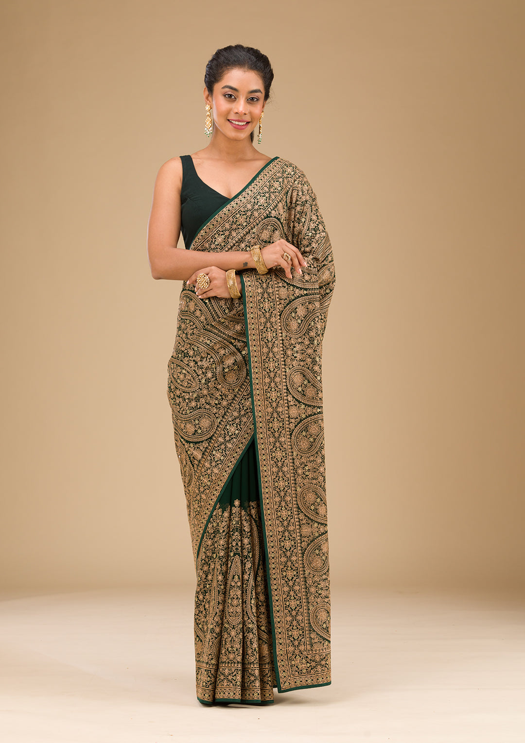 Bottle Green Zariwork Georgette Saree