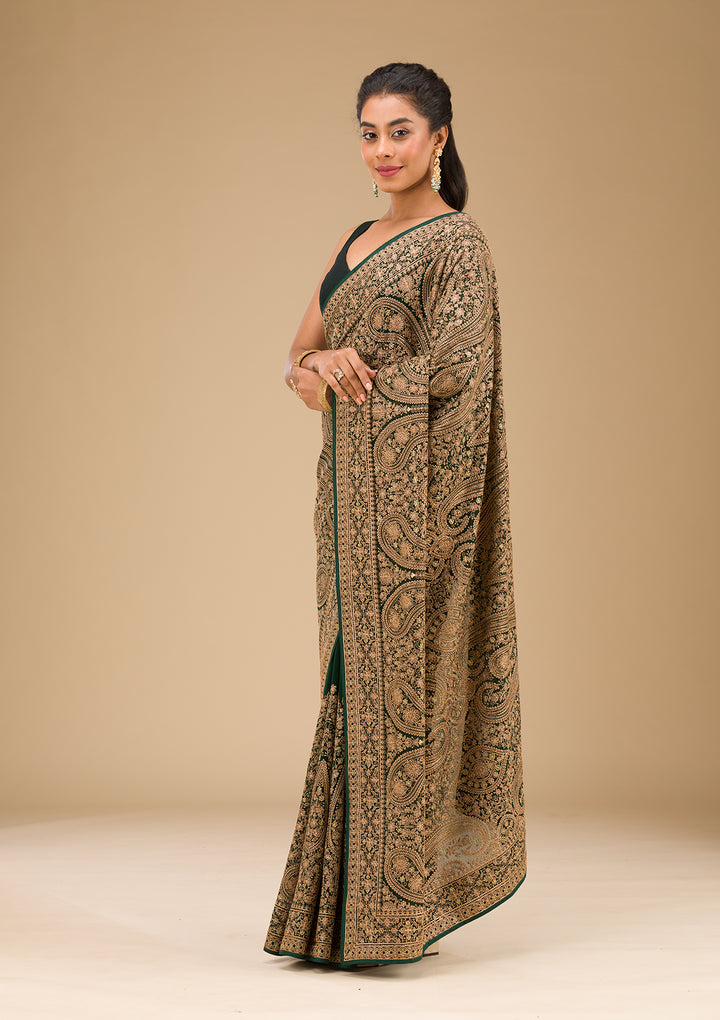 Bottle Green Zariwork Georgette Saree