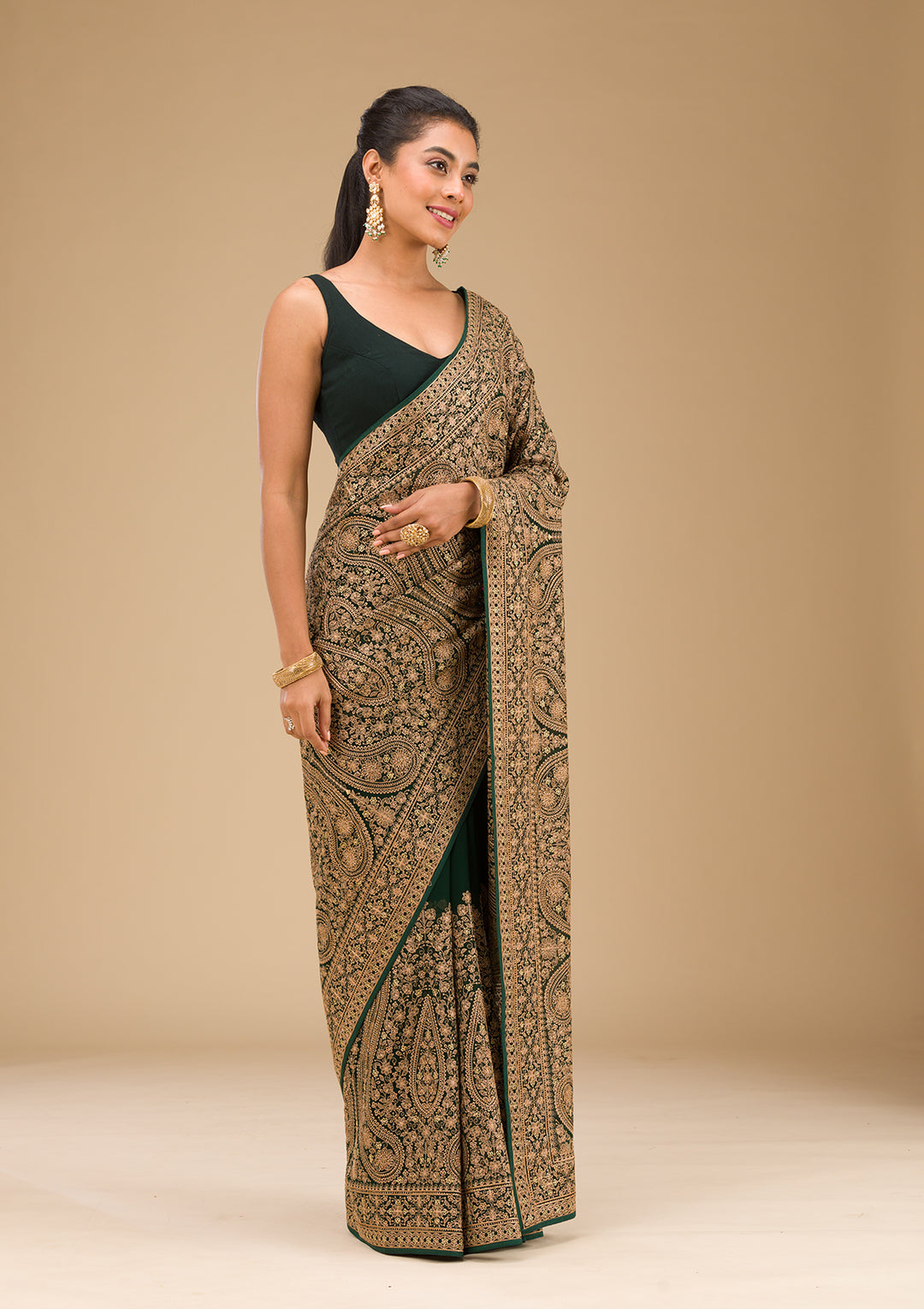 Bottle Green Zariwork Georgette Saree