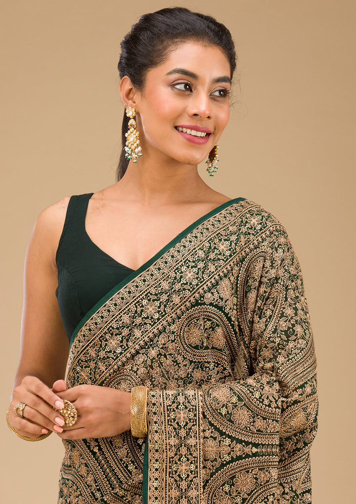 Bottle Green Zariwork Georgette Saree
