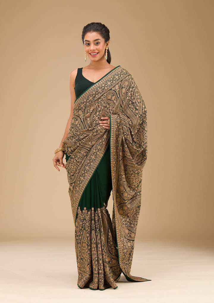 Bottle Green Zariwork Georgette Saree