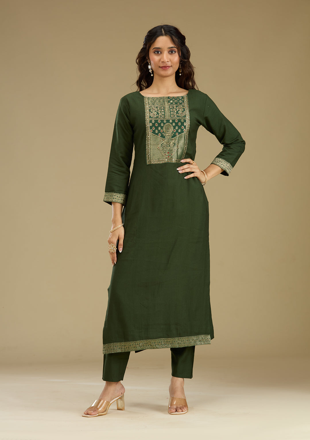 Bottle Green Zariwork Semi Crepe Readymade Salwar Suit