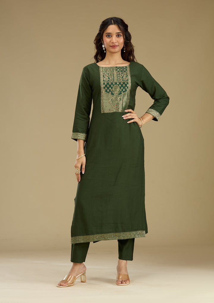 Bottle Green Zariwork Semi Crepe Readymade Salwar Suit