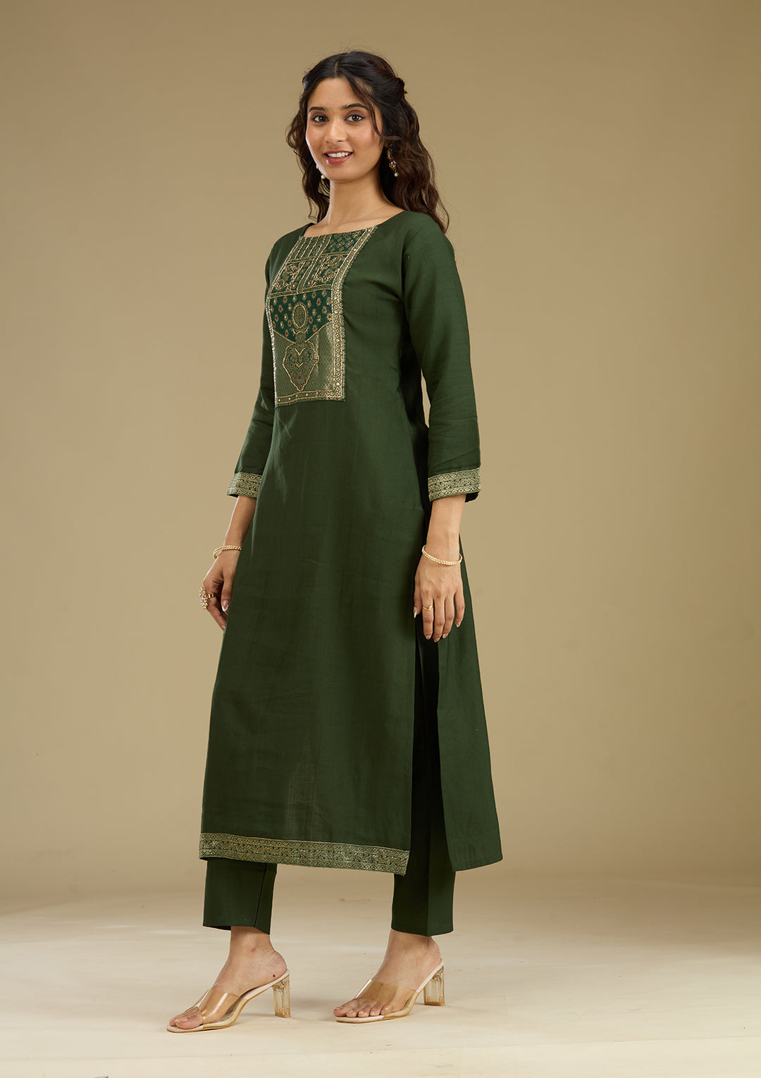 Bottle Green Zariwork Semi Crepe Readymade Salwar Suit