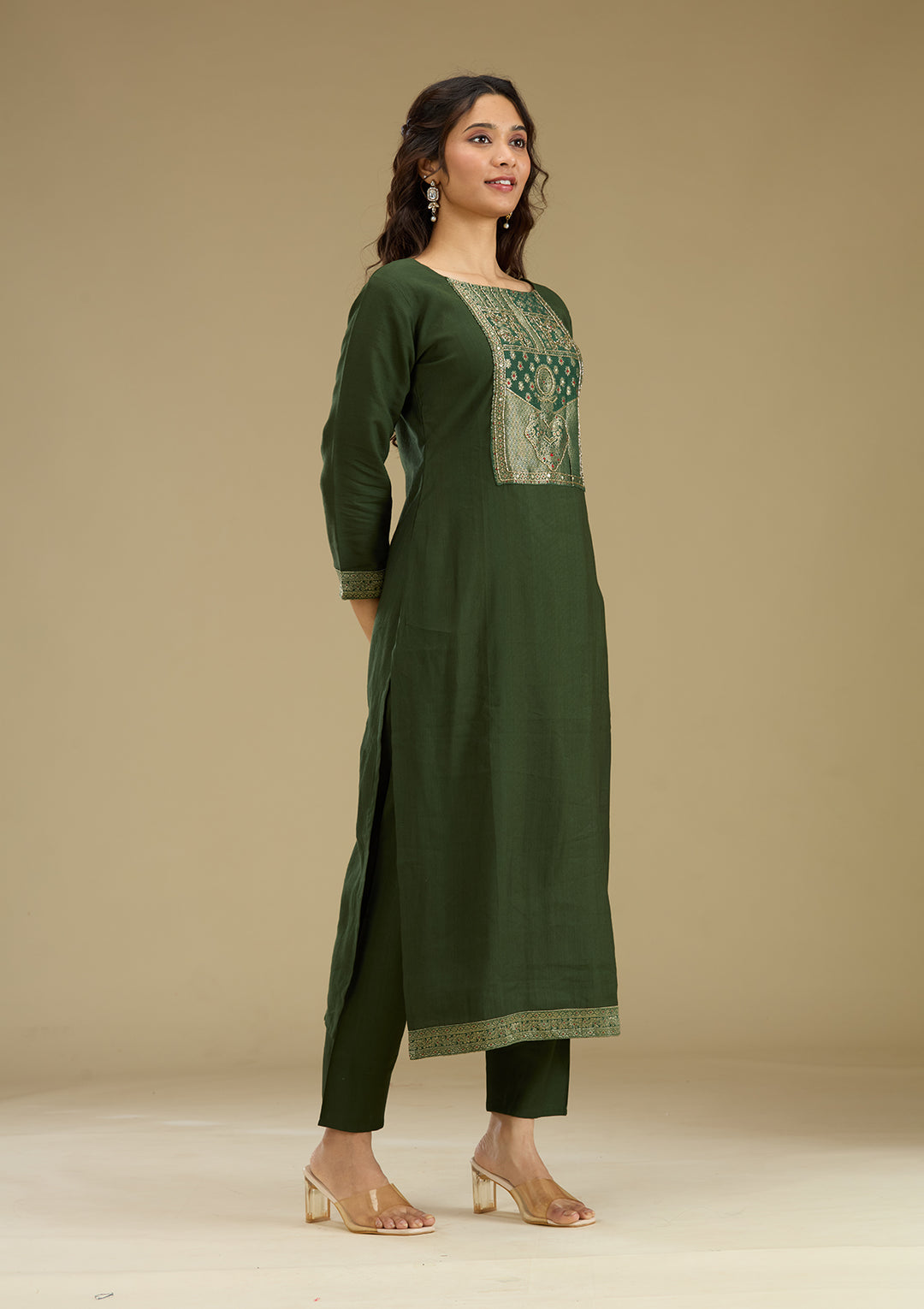 Bottle Green Zariwork Semi Crepe Readymade Salwar Suit