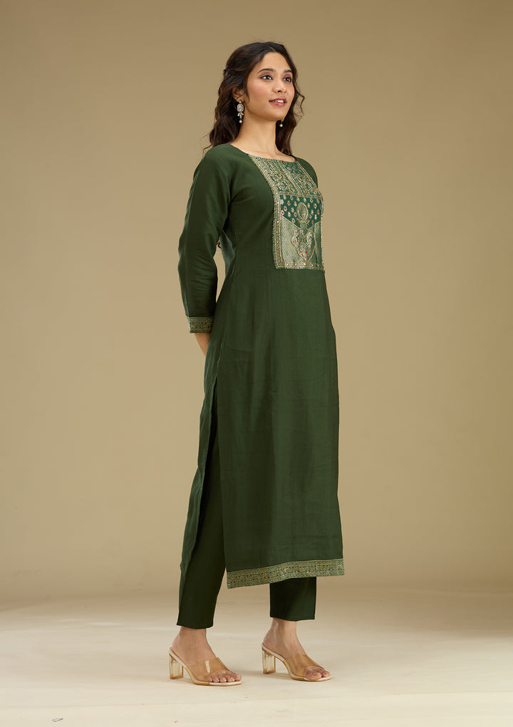 Bottle Green Zariwork Semi Crepe Readymade Salwar Suit