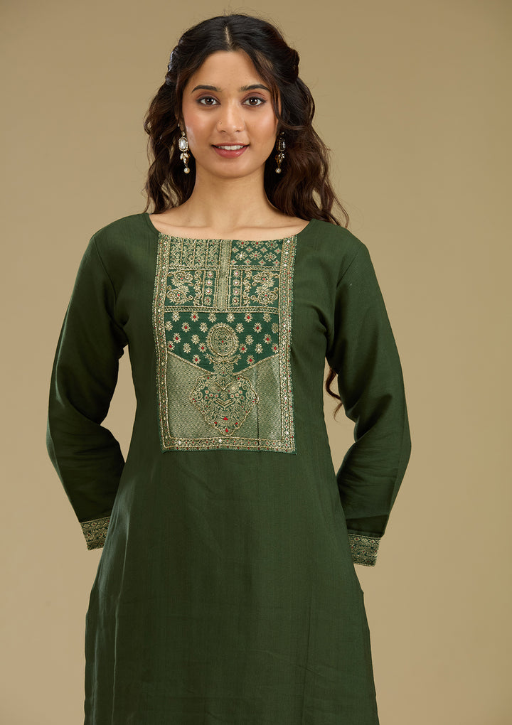 Bottle Green Zariwork Semi Crepe Readymade Salwar Suit