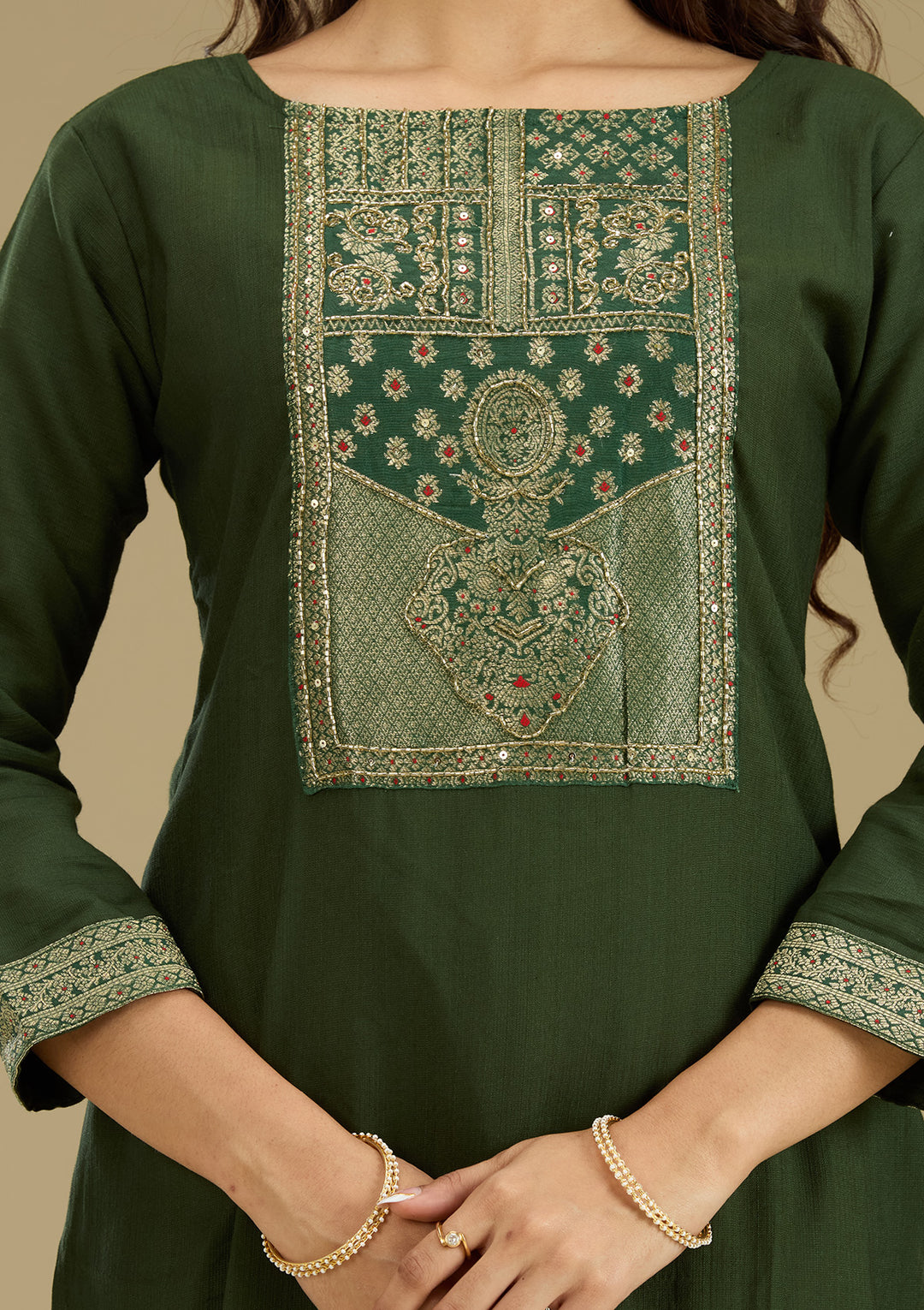 Bottle Green Zariwork Semi Crepe Readymade Salwar Suit