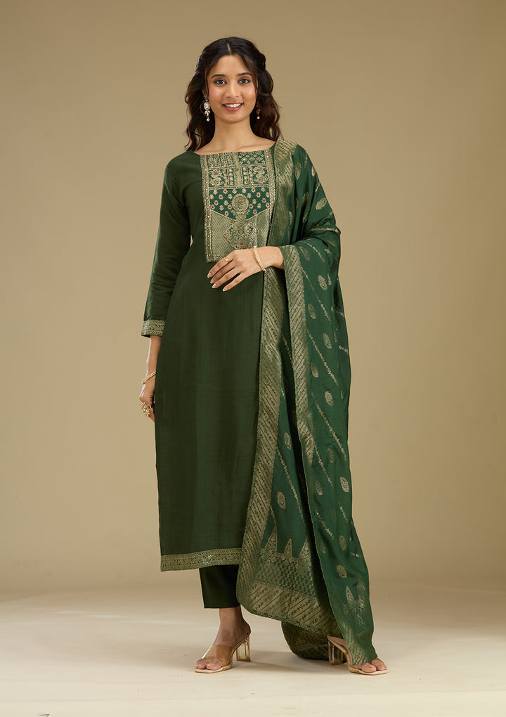 Bottle Green Zariwork Semi Crepe Readymade Salwar Suit