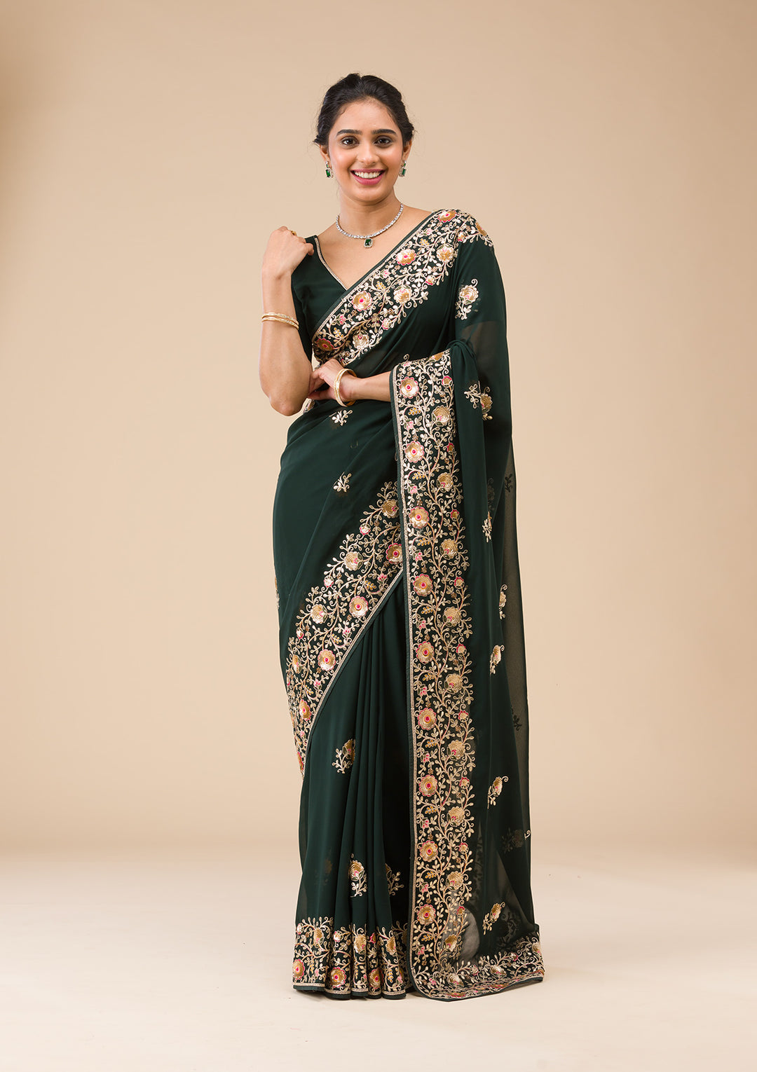 Bottle Green Sequins Georgette Saree