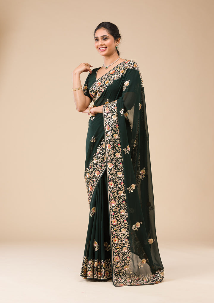 Bottle Green Sequins Georgette Saree
