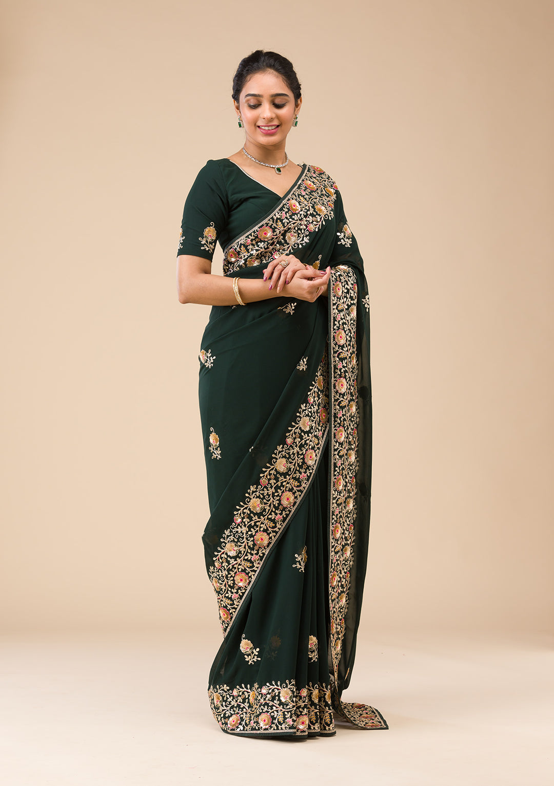 Bottle Green Sequins Georgette Saree