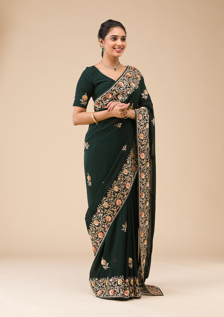 Bottle Green Sequins Georgette Saree