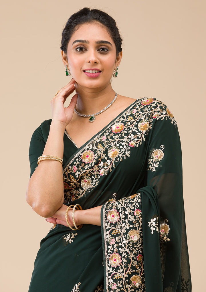 Bottle Green Sequins Georgette Saree