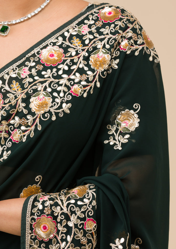 Bottle Green Sequins Georgette Saree