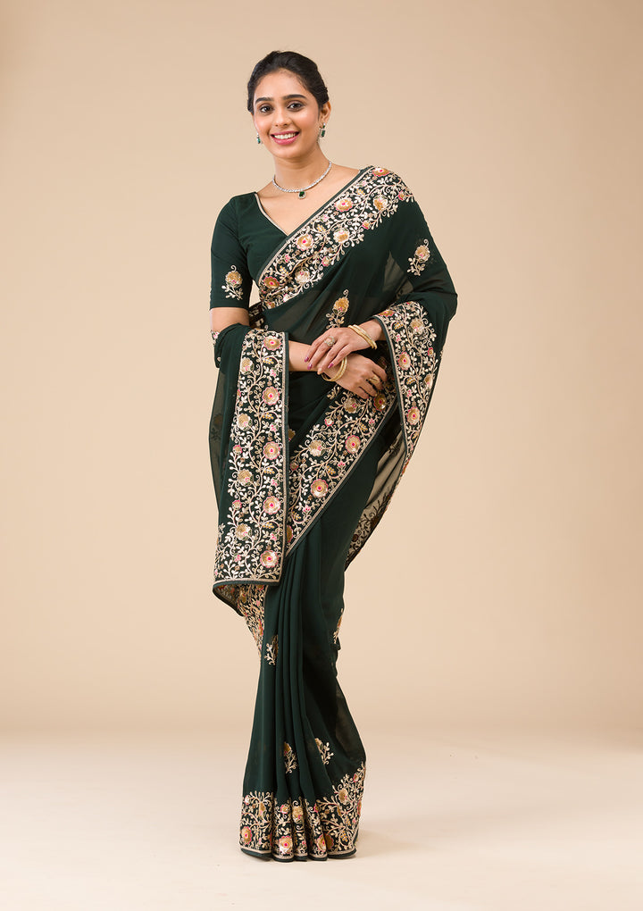 Bottle Green Sequins Georgette Saree