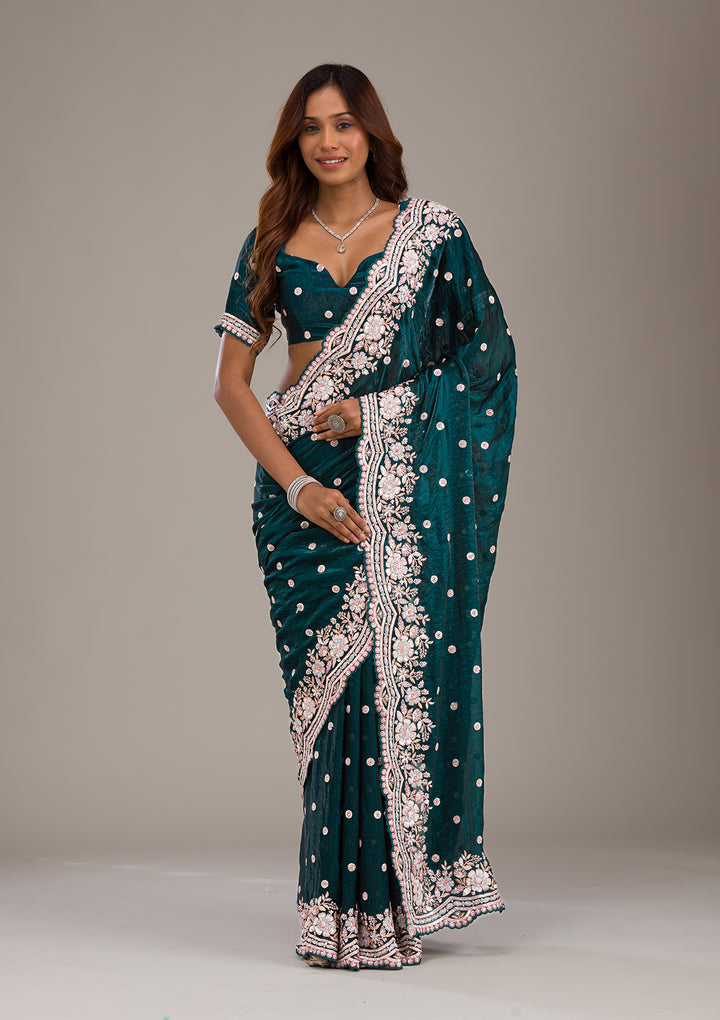 Bottle Green Velvet Sequins Saree With Matching Blouse Piece