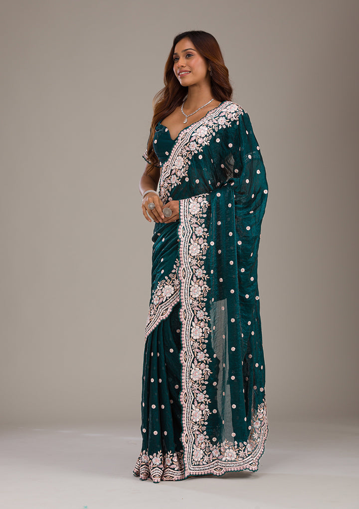 Bottle Green Velvet Sequins Saree With Matching Blouse Piece