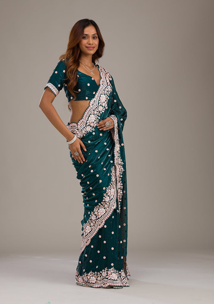 Bottle Green Velvet Sequins Saree With Matching Blouse Piece
