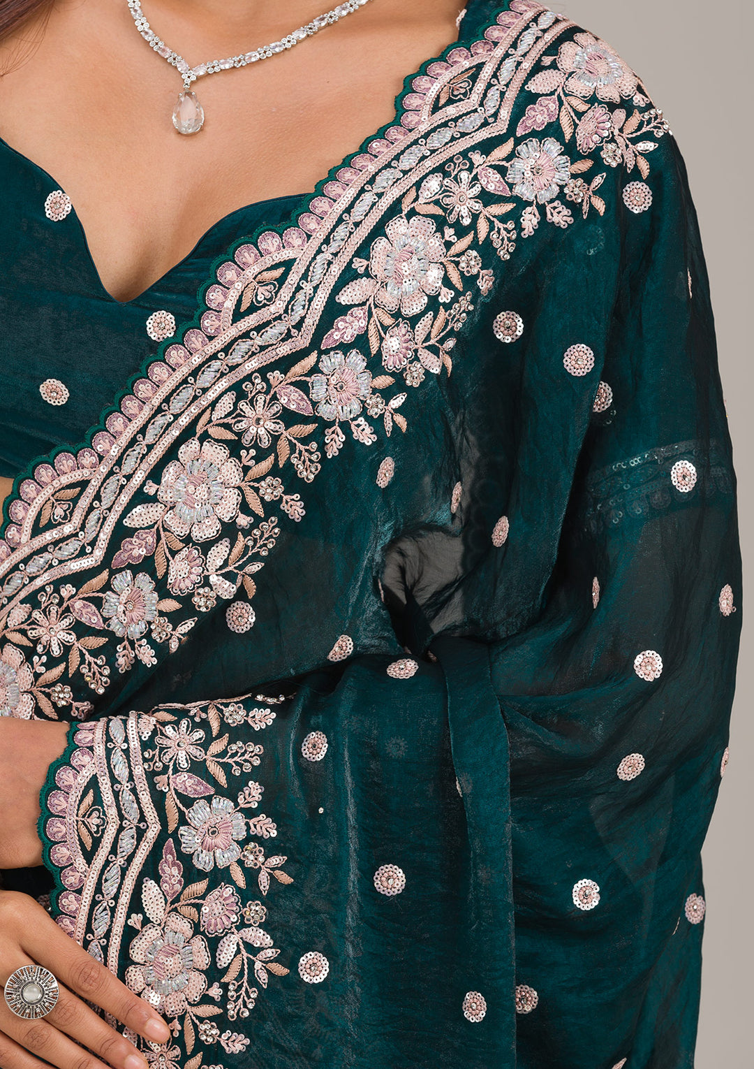 Bottle Green Velvet Sequins Saree With Matching Blouse Piece
