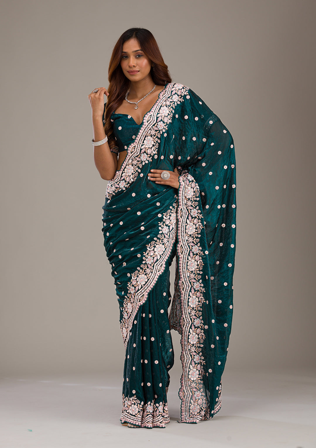 Bottle Green Velvet Sequins Saree With Matching Blouse Piece