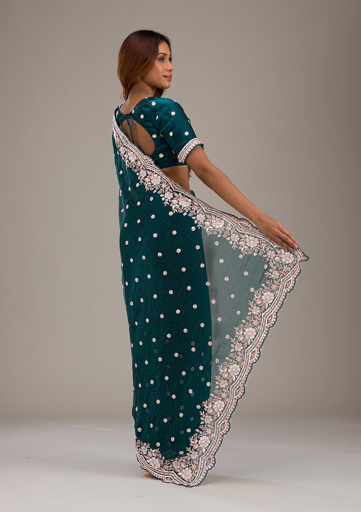 Bottle Green Velvet Sequins Saree With Matching Blouse Piece