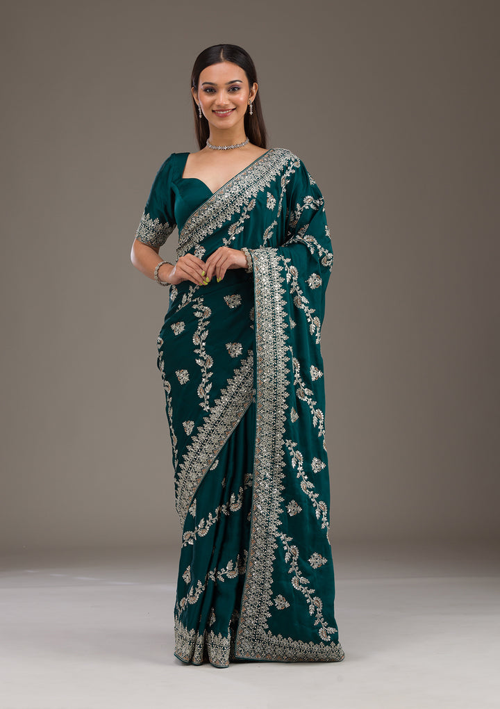 Bottle Green Satin Silver Zariwork Saree With Matching Blouse Piece