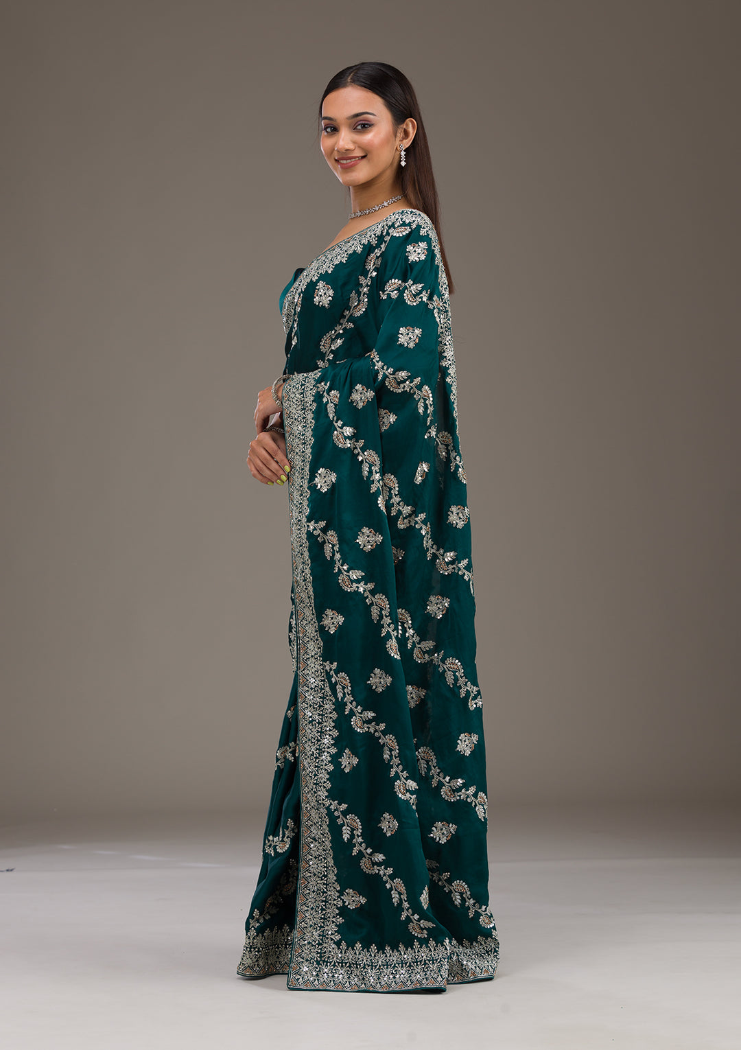Bottle Green Satin Silver Zariwork Saree With Matching Blouse Piece