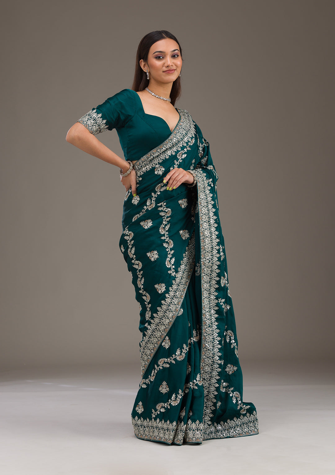 Bottle Green Satin Silver Zariwork Saree With Matching Blouse Piece